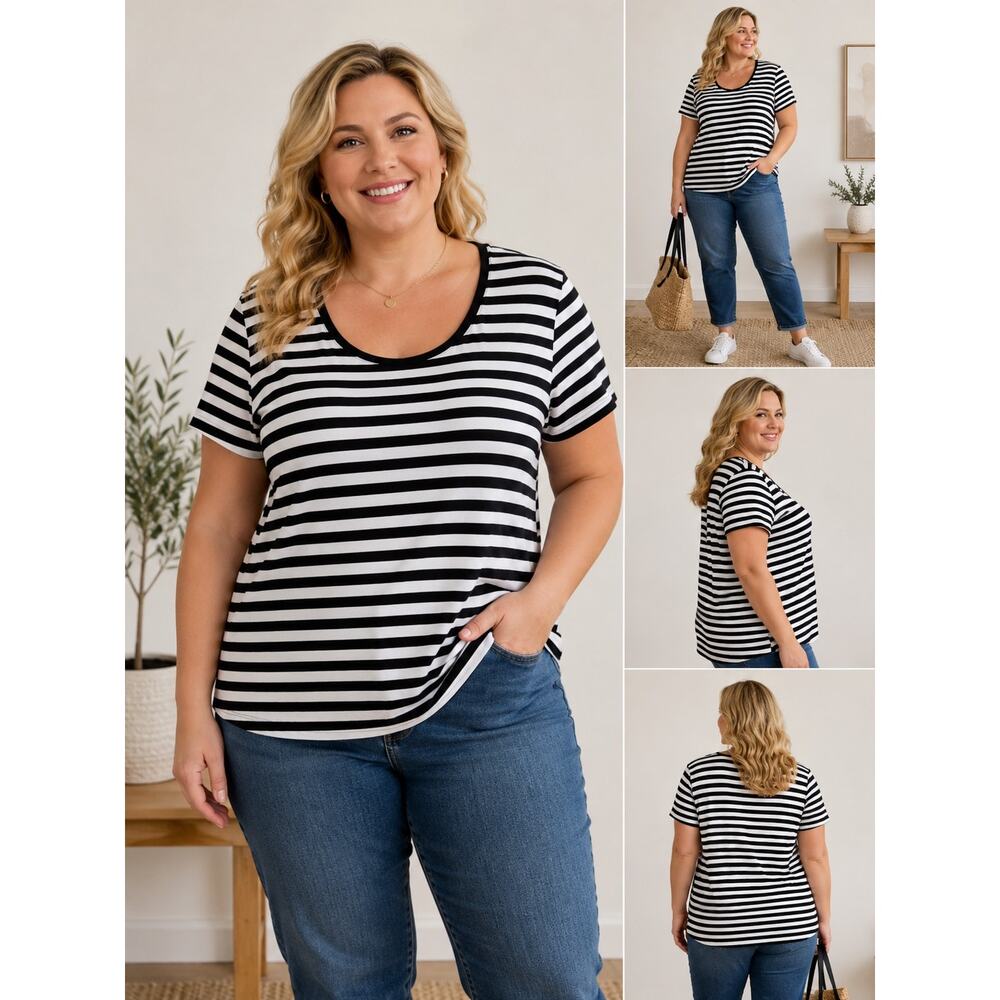 Norma kamali Cotton Basic Black White Stripe Short Sleeve T Shirt Womens SZ XXL